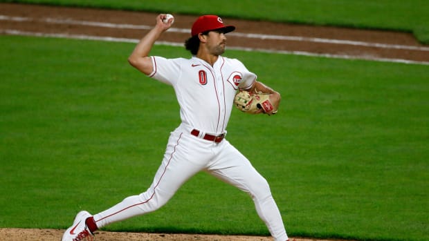 Cincinnati Reds infielder Alex Blandino (0) takes the mound in the top of the ninth inning of the MLB Interleague game between the Cincinnati Reds and the Chicago White Sox at Great American Ball Park in downtown Cincinnati on Tuesday, May 4, 2021. The Reds lost the first game of the series, 9-0. Chicago White Sox At Cincinnati Reds 